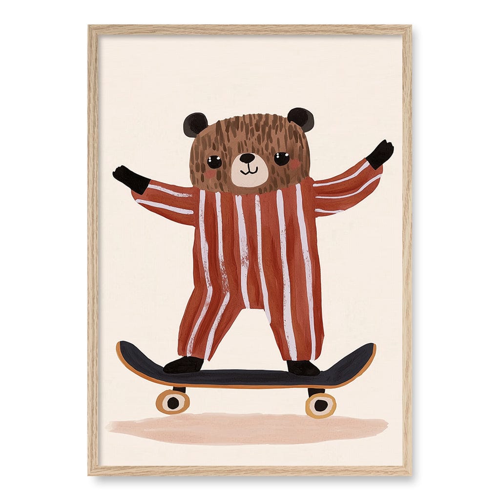 Skater Bear Kids Wall Art Print A1 (59.4 x 84.1cm) / Natural Oak Frame / No Border from our Australian Made Framed Wall Art, Prints & Posters collection by Profile Products (Australia) Pty Ltd