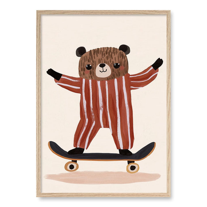 Skater Bear Kids Wall Art Print A1 (59.4 x 84.1cm) / Natural Oak Frame / No Border from our Australian Made Framed Wall Art, Prints & Posters collection by Profile Products (Australia) Pty Ltd