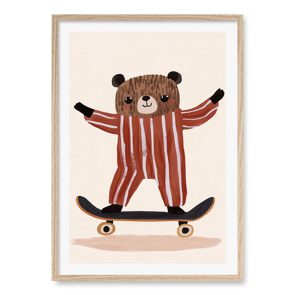 Skater Bear Kids Wall Art Print A1 (59.4 x 84.1cm) / Natural Oak Frame / White Border from our Australian Made Framed Wall Art, Prints & Posters collection by Profile Products (Australia) Pty Ltd