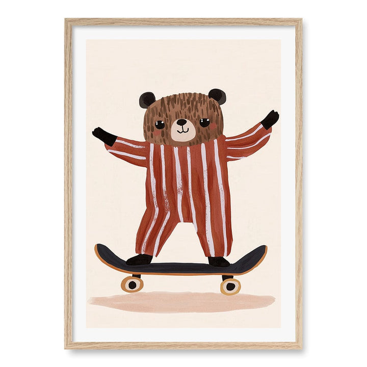Skater Bear Kids Wall Art Print A1 (59.4 x 84.1cm) / Natural Oak Frame / White Border from our Australian Made Framed Wall Art, Prints & Posters collection by Profile Products (Australia) Pty Ltd