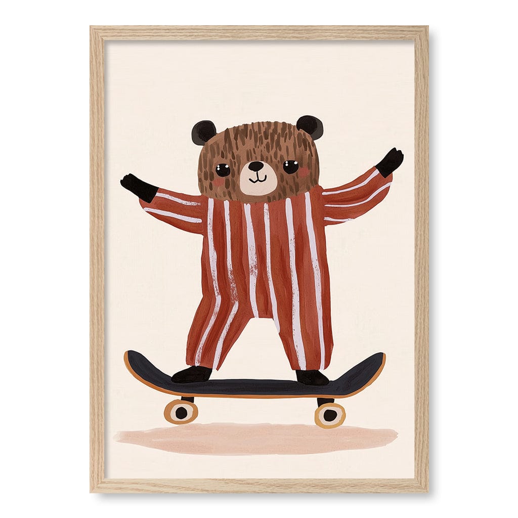 Skater Bear Kids Wall Art Print A2 (42 x 59.4cm) / Natural Oak Frame / No Border from our Australian Made Framed Wall Art, Prints & Posters collection by Profile Products (Australia) Pty Ltd