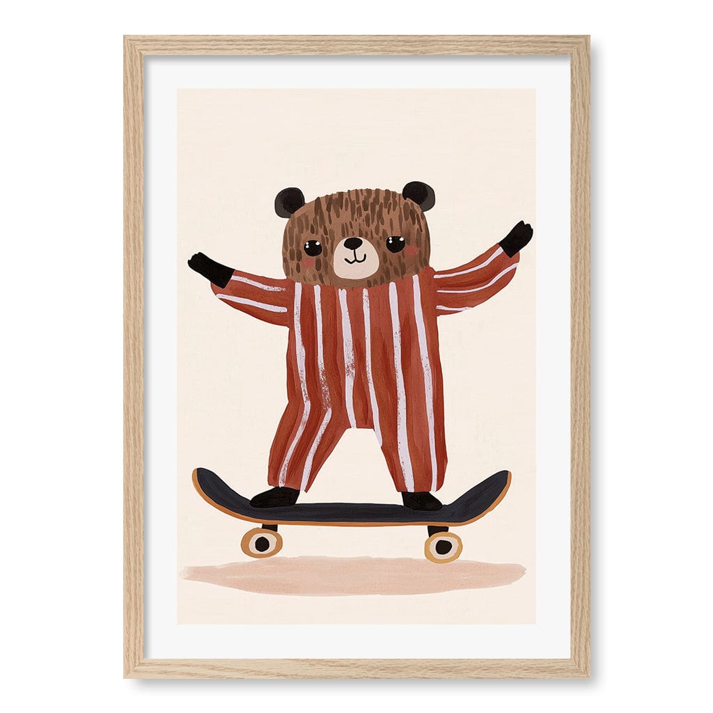 Skater Bear Kids Wall Art Print A2 (42 x 59.4cm) / Natural Oak Frame / White Border from our Australian Made Framed Wall Art, Prints & Posters collection by Profile Products (Australia) Pty Ltd