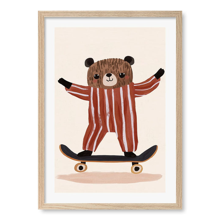 Skater Bear Kids Wall Art Print A2 (42 x 59.4cm) / Natural Oak Frame / White Border from our Australian Made Framed Wall Art, Prints & Posters collection by Profile Products (Australia) Pty Ltd