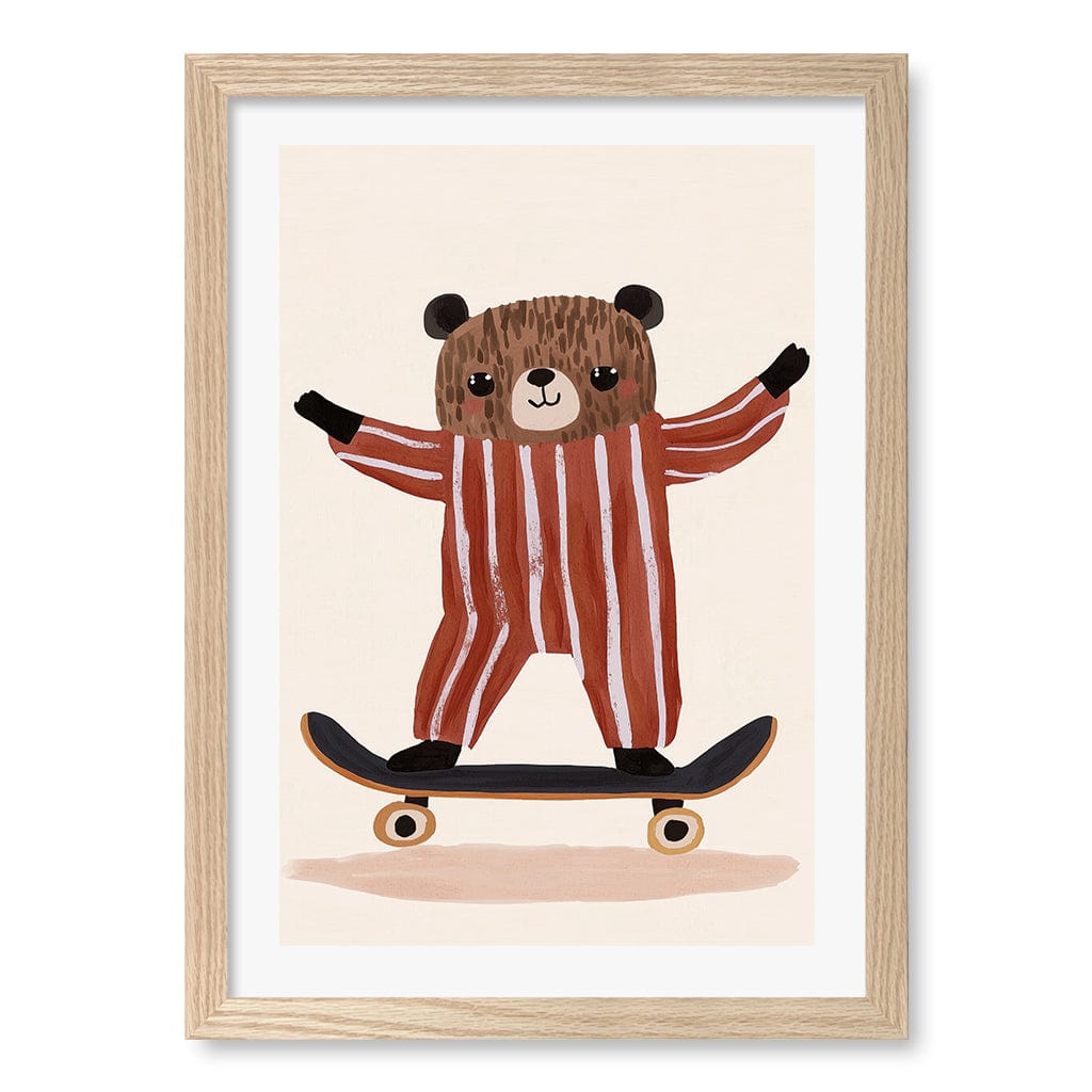 Skater Bear Kids Wall Art Print A3 (29.7 x 42cm) / Natural Oak Frame / White Border from our Australian Made Framed Wall Art, Prints & Posters collection by Profile Products (Australia) Pty Ltd
