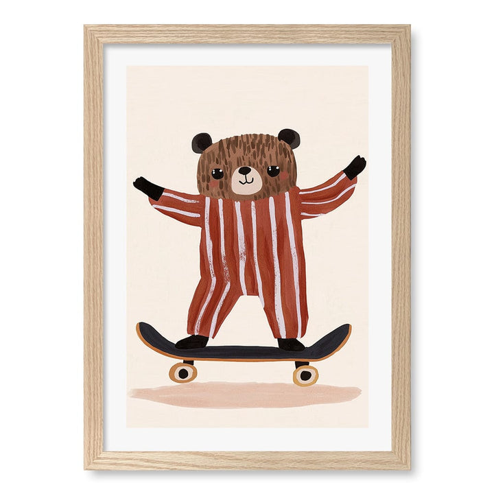 Skater Bear Kids Wall Art Print A3 (29.7 x 42cm) / Natural Oak Frame / White Border from our Australian Made Framed Wall Art, Prints & Posters collection by Profile Products (Australia) Pty Ltd