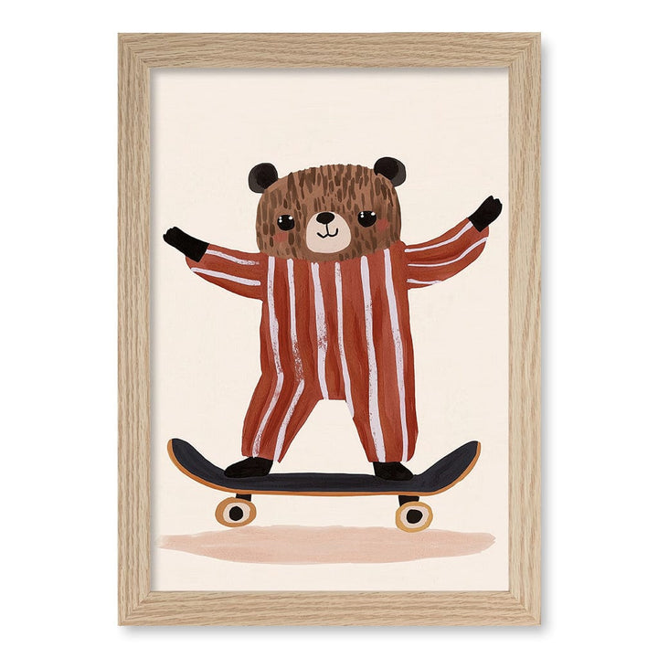 Skater Bear Kids Wall Art Print A4 (21 x 29.7cm) / Natural Oak Frame / No Border from our Australian Made Framed Wall Art, Prints & Posters collection by Profile Products (Australia) Pty Ltd