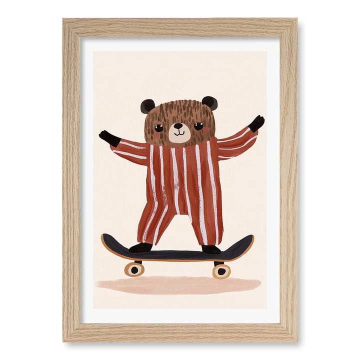 Skater Bear Kids Wall Art Print A4 (21 x 29.7cm) / Natural Oak Frame / White Border from our Australian Made Framed Wall Art, Prints & Posters collection by Profile Products (Australia) Pty Ltd