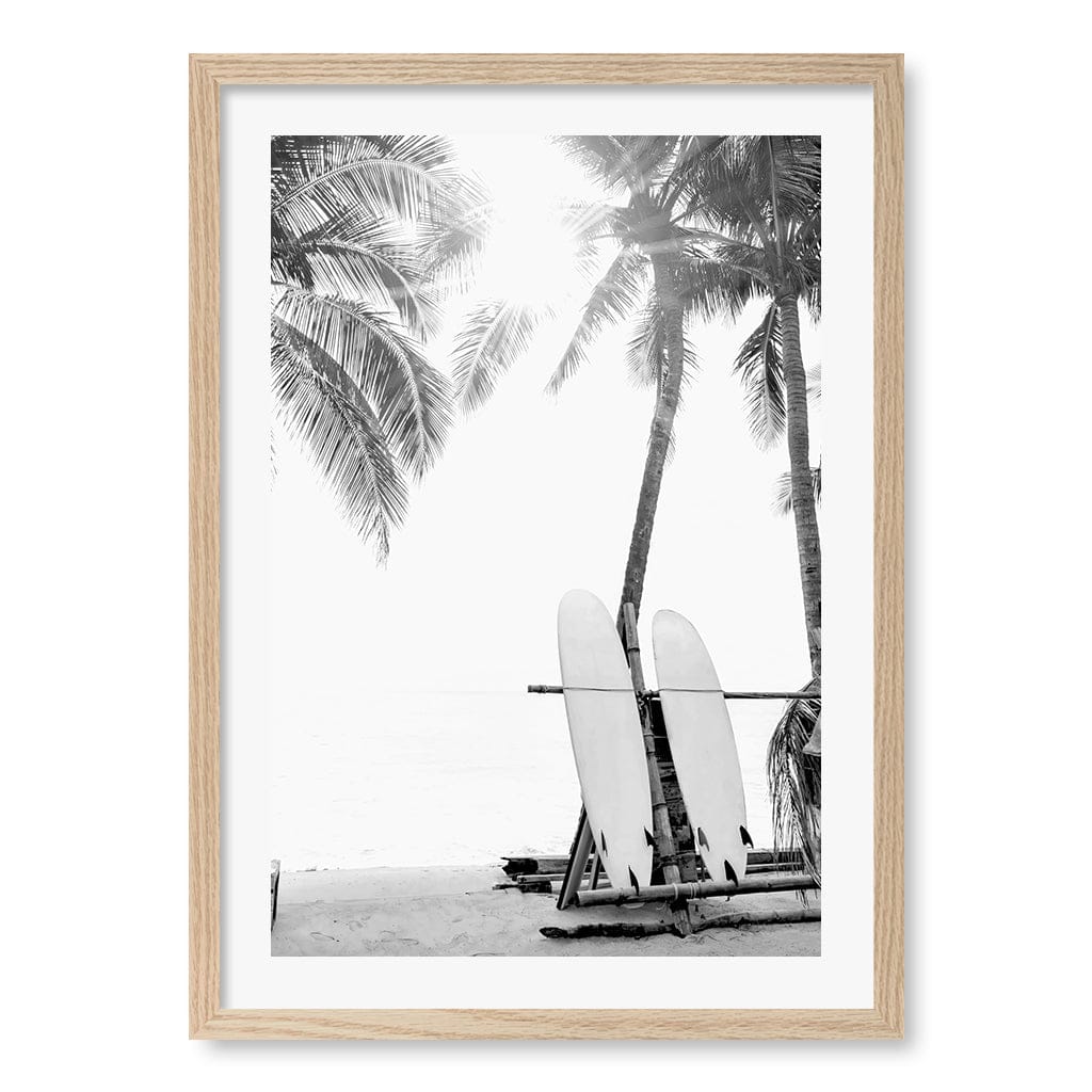 Surfboard Sunrise B&W Wall Art Print A2 (42 x 59.4cm) / Natural Oak Frame / White Border from our Australian Made Framed Wall Art, Prints & Posters collection by Profile Products (Australia) Pty Ltd