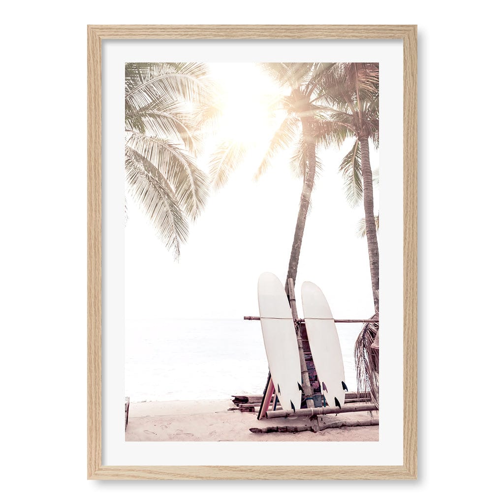 Surfboard Sunrise Wall Art Print A2 (42 x 59.4cm) / Natural Oak Frame / White Border from our Australian Made Framed Wall Art, Prints & Posters collection by Profile Products (Australia) Pty Ltd