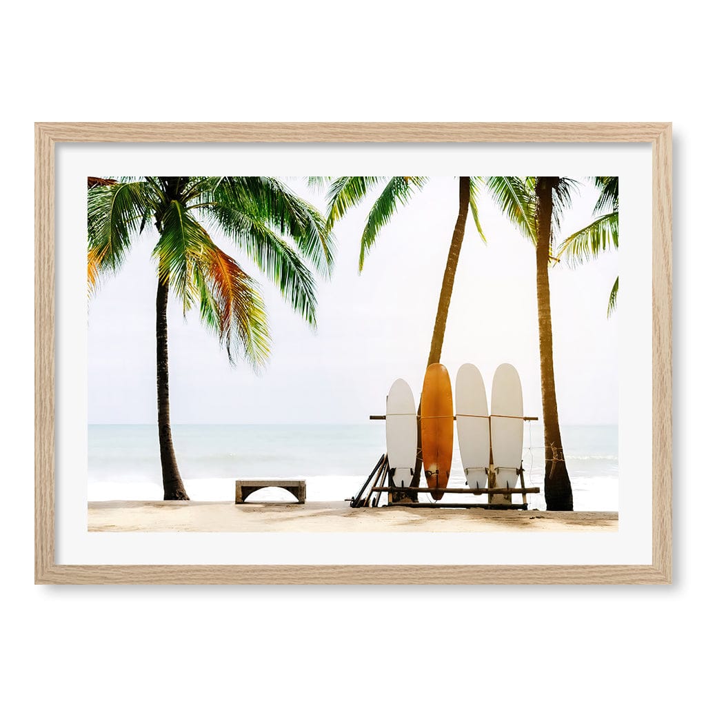 Surfboards and Palms Wall Art Print A2 (42 x 59.4cm) / Natural Oak Frame / White Border from our Australian Made Framed Wall Art, Prints & Posters collection by Profile Products (Australia) Pty Ltd