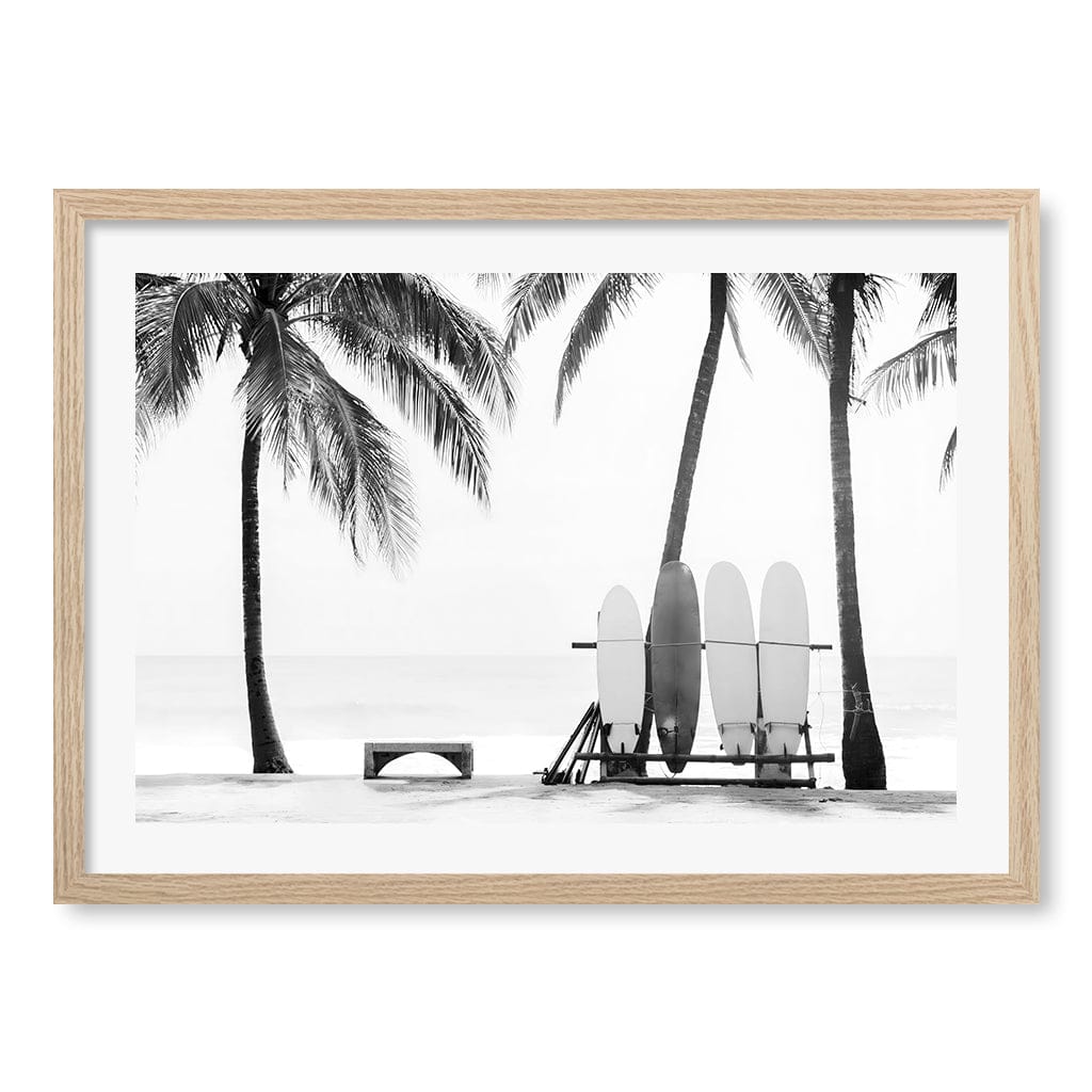 Surfboards & Palms B&W Wall Art Print A2 (42 x 59.4cm) / Natural Oak Frame / White Border from our Australian Made Framed Wall Art, Prints & Posters collection by Profile Products (Australia) Pty Ltd