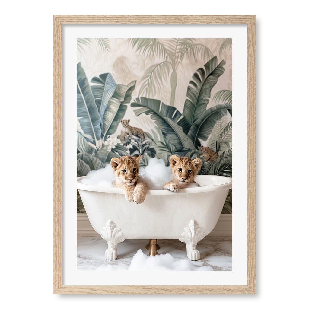 Tropical Lion Bath Wall Art Print A4 (21 x 29.7cm) / Natural Oak Frame / White Border from our Australian Made Framed Wall Art, Prints & Posters collection by Profile Australia