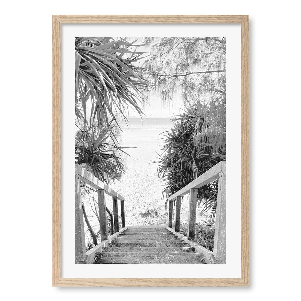 Wategos Beach Stairs B&W Wall Art Print A2 (42 x 59.4cm) / Natural Oak Frame / White Border from our Australian Made Framed Wall Art, Prints & Posters collection by Profile Australia