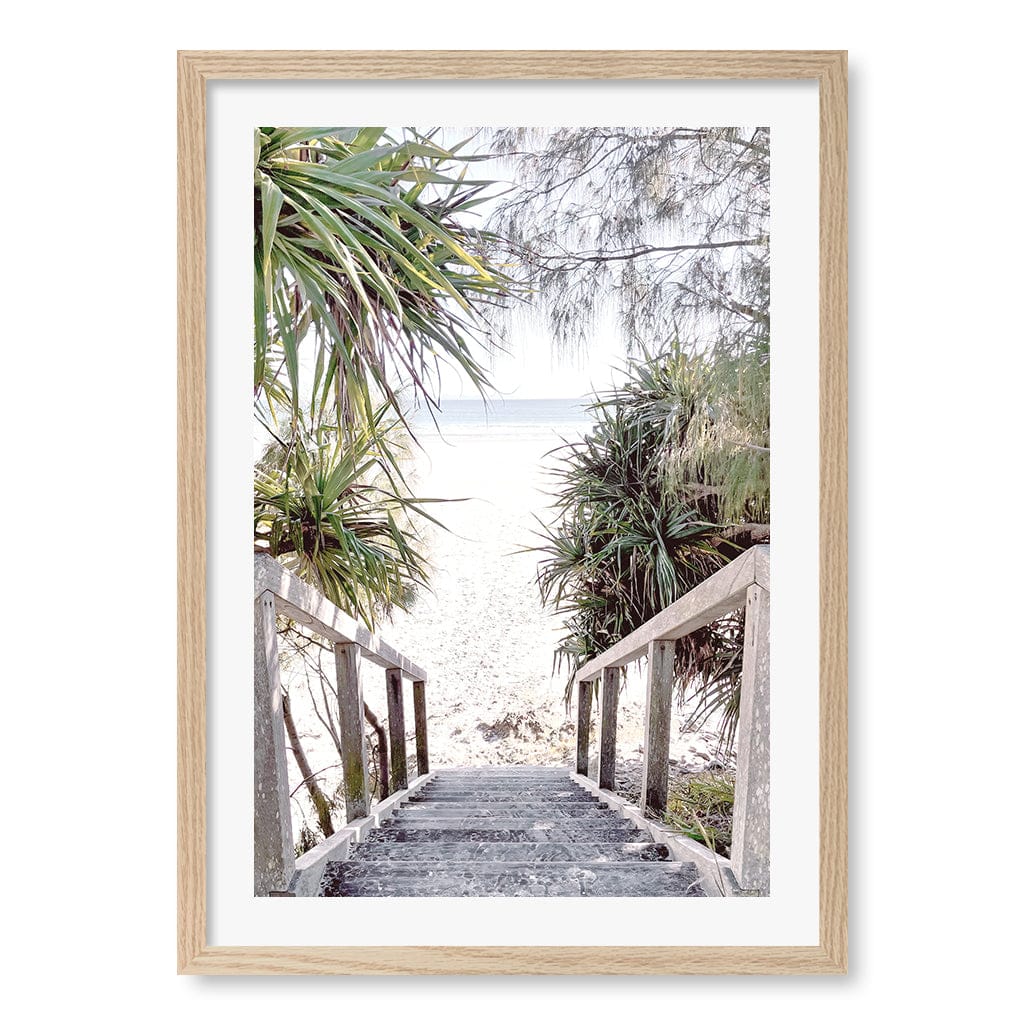 Wategos Beach Stairs Wall Art Print A2 (42 x 59.4cm) / Natural Oak Frame / White Border from our Australian Made Framed Wall Art, Prints & Posters collection by Profile Products (Australia) Pty Ltd