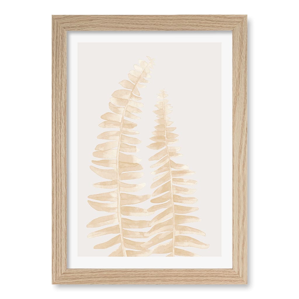 Watercolour Fern Leaves Beige Wall Art Print A4 (21 x 29.7cm) / Natural Oak Frame / White Border from our Australian Made Framed Wall Art, Prints & Posters collection by Profile Products (Australia) Pty Ltd