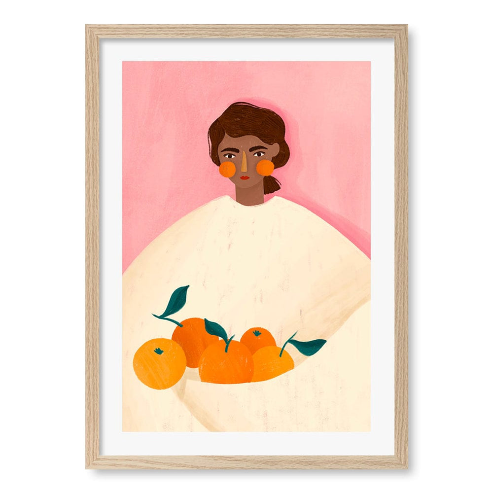 Woman With Oranges Wall Art Print A2 (42 x 59.4cm) / Natural Oak Frame / White Border from our Australian Made Wall Art collection by Profile Australia