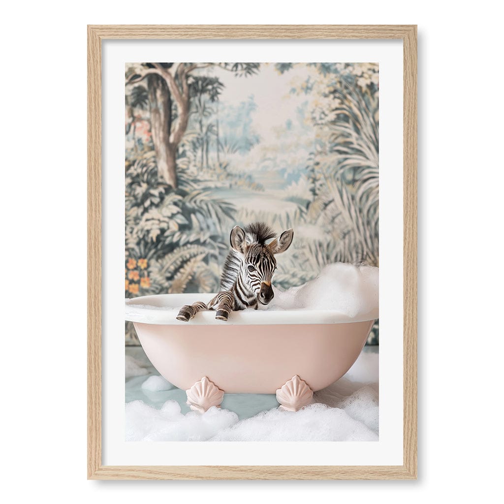 Zebra Bath Time Wall Art Print A4 (21 x 29.7cm) / Natural Oak Frame / White Border from our Australian Made Framed Wall Art, Prints & Posters collection by Profile Australia