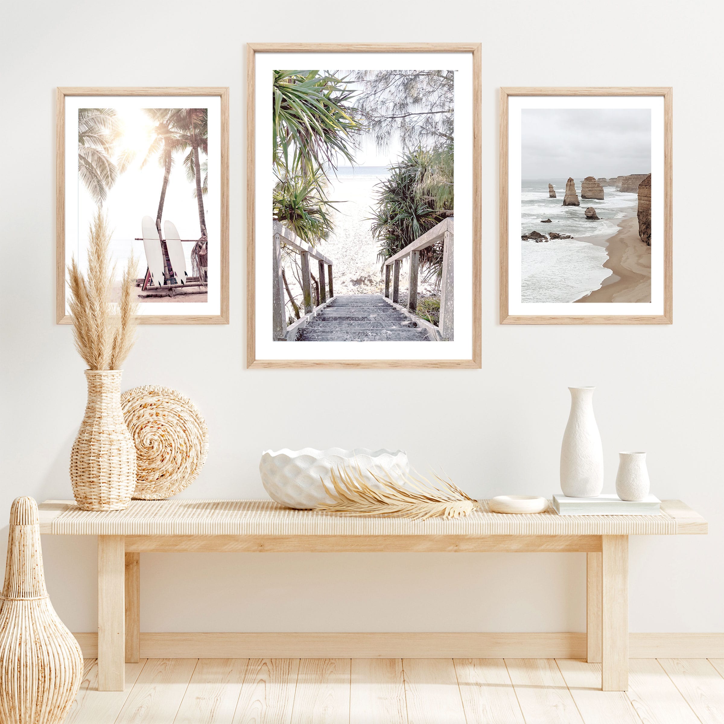 wall display of coastal and beach framed art prints