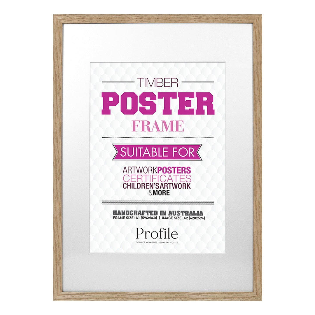 Classic Natural Oak Poster Frame A1 (59x84cm) to suit A2 (42x59cm) image from our Australian Made Picture Frames collection by Profile Products Australia