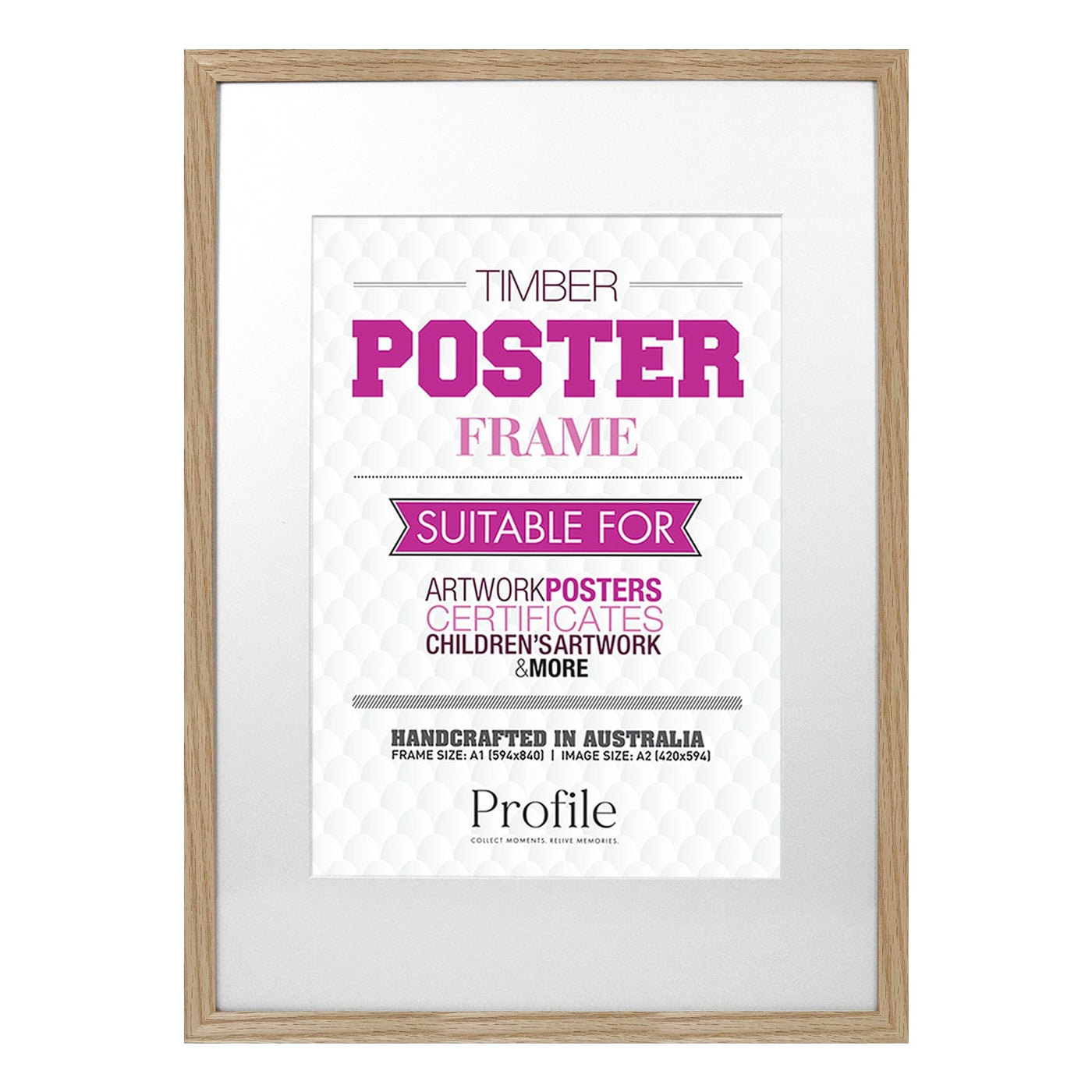 Classic Natural Oak Poster Frame A1 (59x84cm) to suit A2 (42x59cm) image from our Australian Made Picture Frames collection by Profile Products Australia