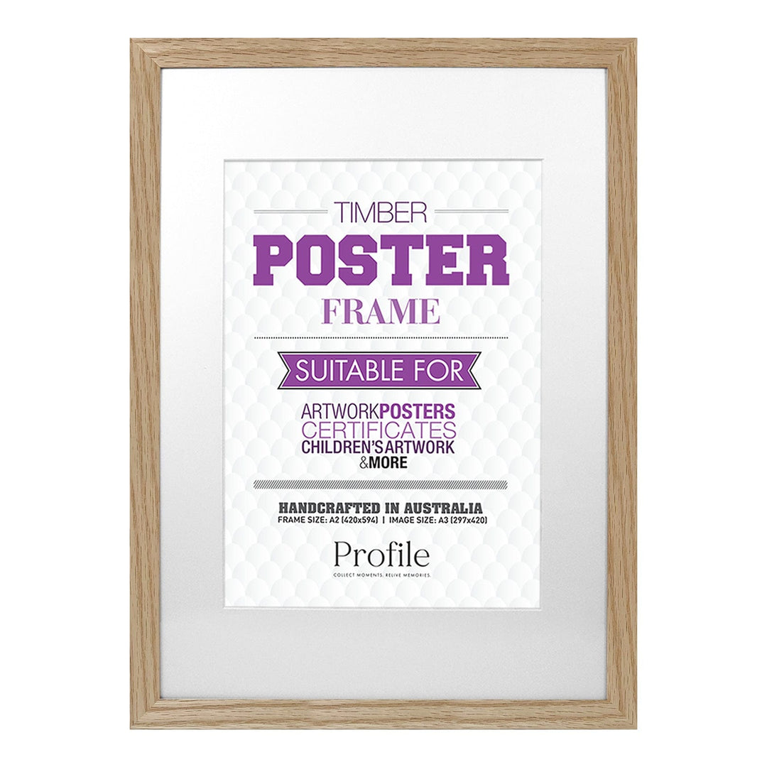 Classic Natural Oak Poster Frame A2 (42x59cm) to suit A3 (30x42cm) image from our Australian Made Picture Frames collection by Profile Products Australia