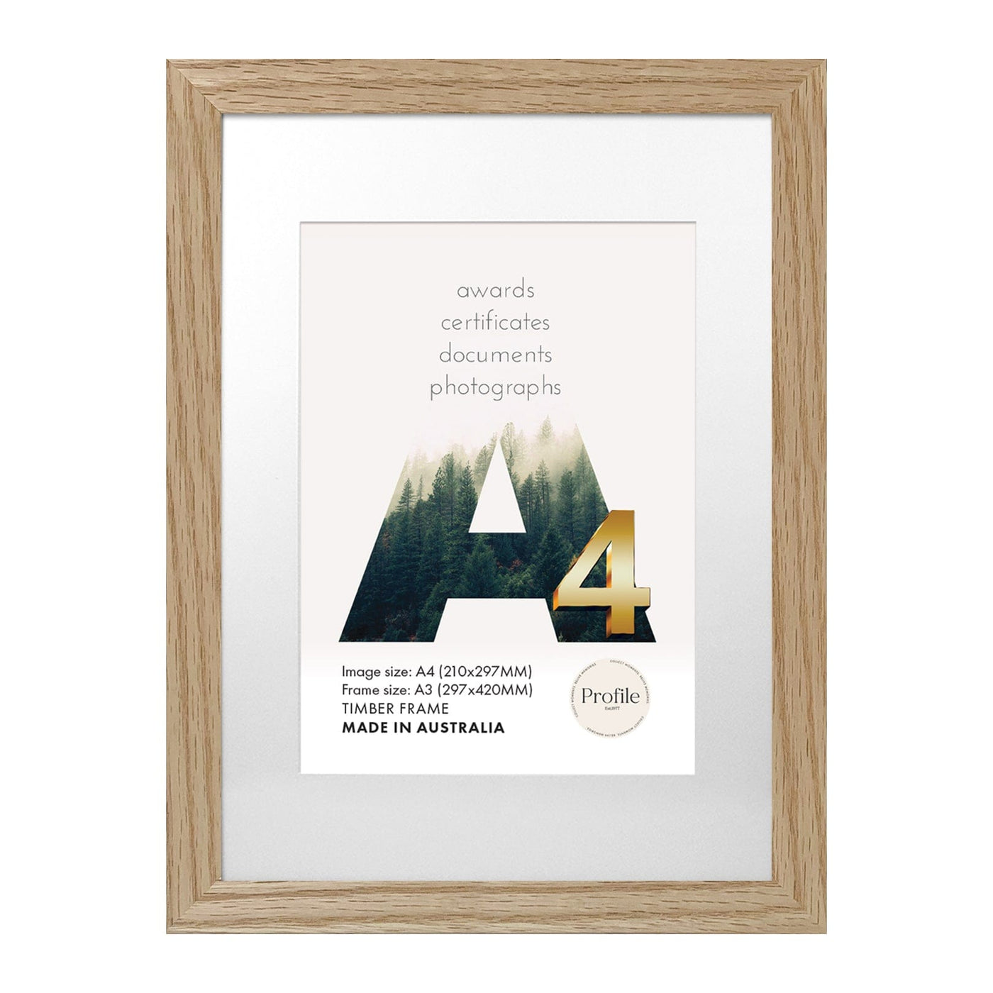 Classic Natural Oak Poster Frame A3 (30x42cm) to suit A4 (21x30cm) image from our Australian Made Picture Frames collection by Profile Products Australia