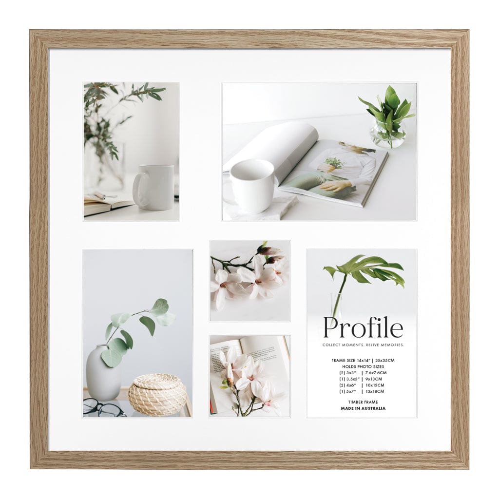 Decorator Deluxe Natural Oak Square Photo Frame 14x14in (35x35cm) to suit 3x3in(2) + 3.5x5in(1) + 4x6in(2) + 5x7in(1) images from our Australian Made Picture Frames collection by Profile Products Australia