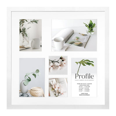 Decorator Deluxe White Square Photo Frame 14x14in (35x35cm) to suit 3x3in(2) + 3.5x5in(1) + 4x6in(2) + 5x7in(1) images from our Australian Made Picture Frames collection by Profile Products Australia