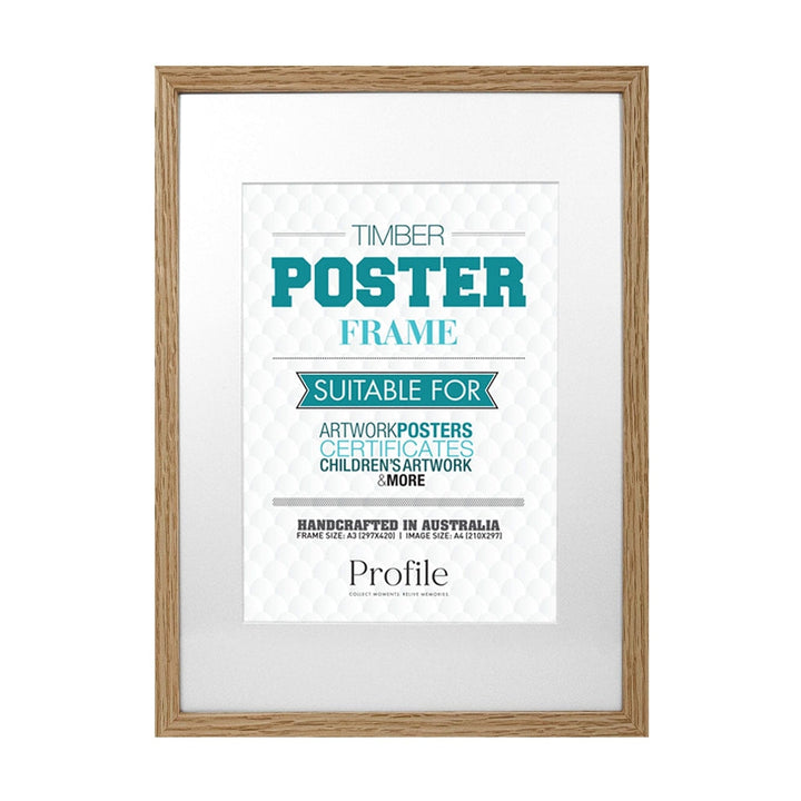 Decorator Natural Oak Poster Frame A3 (30x42cm) to suit A4 (21x30cm) image from our Australian Made Picture Frames collection by Profile Products Australia
