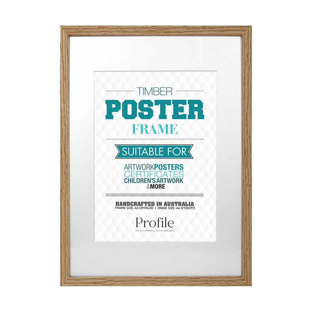 Decorator Natural Oak Poster Frame A3 (30x42cm) to suit A4 (21x30cm) image from our Australian Made Picture Frames collection by Profile Products Australia