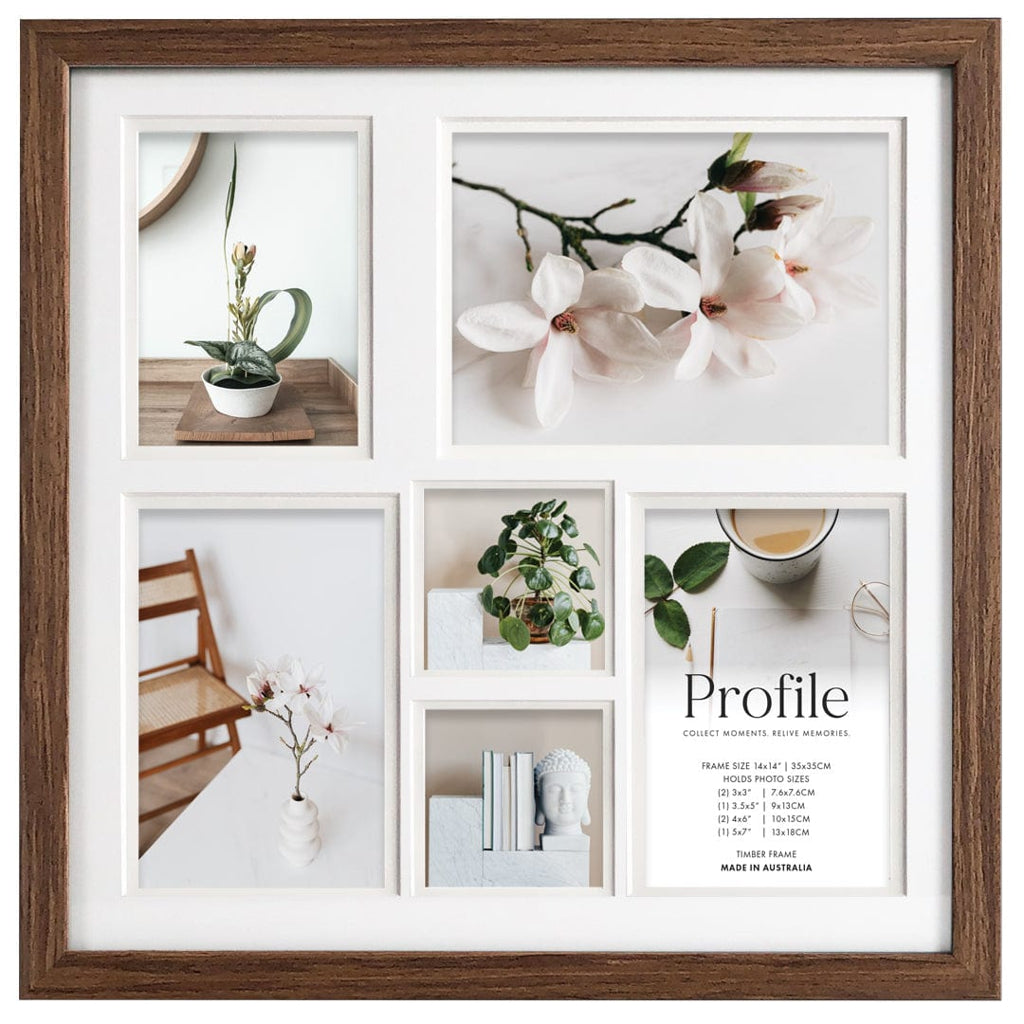 Elegant Deluxe Chestnut Brown Timber Square Frame 14x14in (35x35cm) to suit 3x3in(2) + 3.5x5in(1) + 4x6in(2) + 5x7in(1) images from our Australian Made Picture Frames collection by Profile Products Australia