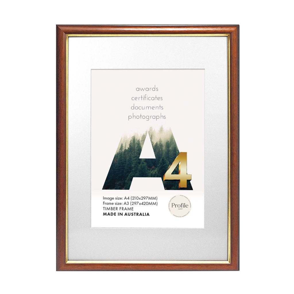 Traditional Walnut Gold Certificate Frame A3 (30x42cm) to suit A4 (21x30cm) image from our Australian Made Picture Frames collection by Profile Products Australia